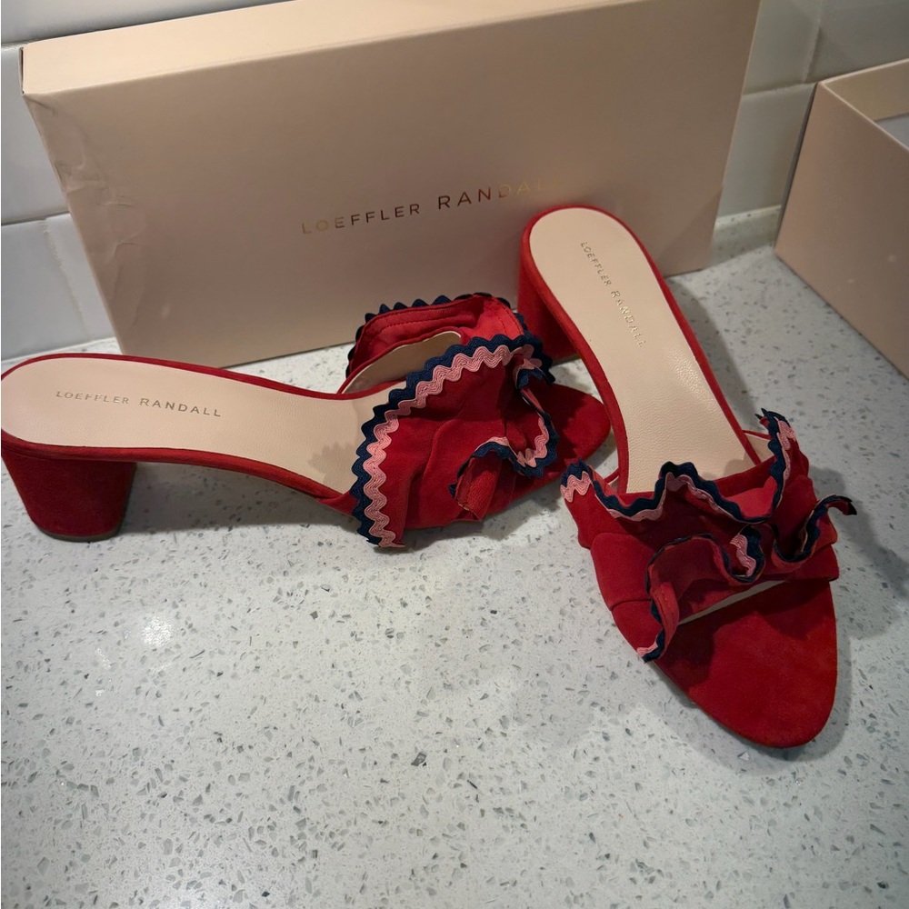 Loeffler Randall Red and Pink Ruffle Mules - Picture 2 of 2